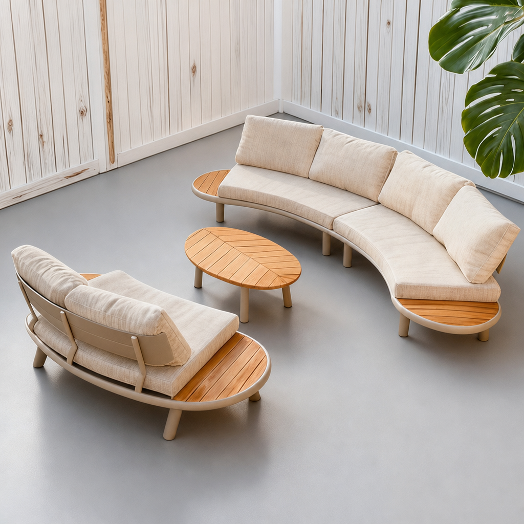 All-Weather Aluminium-Frame Curved Patio Sofa with Integrated Teak Side Table