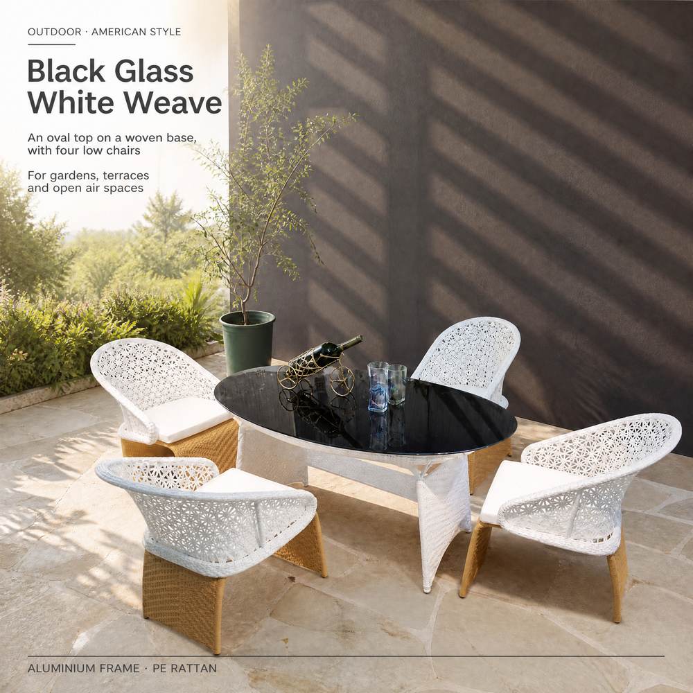 Outdoor Aluminium-Frame Table with Black Glass Top and PE Rattan Woven Chair Set