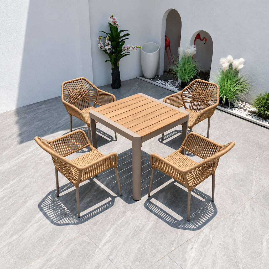 Outdoor Patio Dining Set — Plastic Wood Teak-Top Table with 6 Wicker Armchairs
