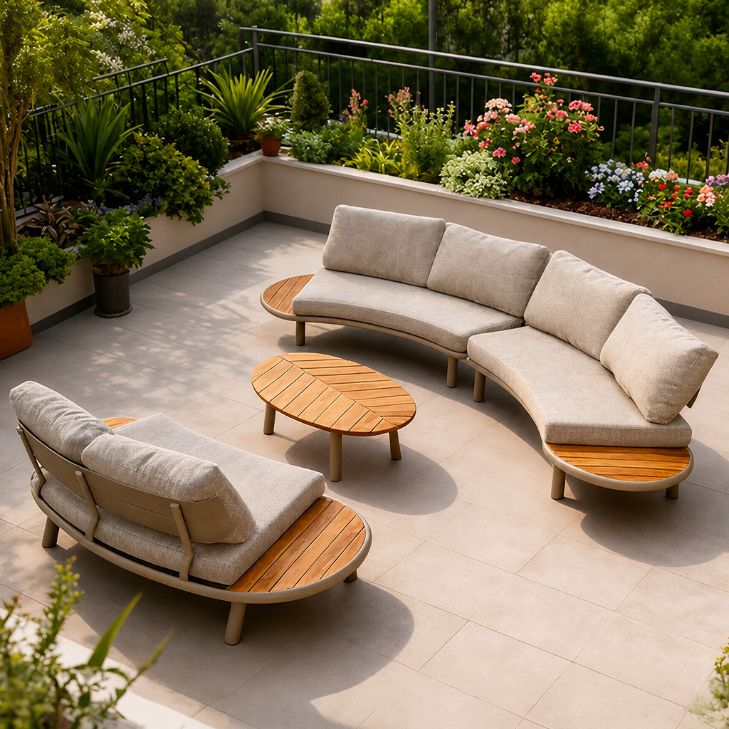 Curved Outdoor Teak Sectional Sofa Set with Coffee Table