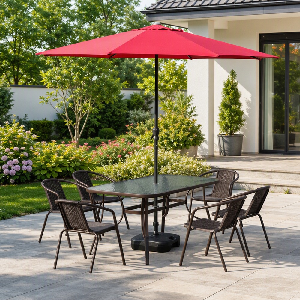 Outdoor Dining Table with 6 Chairs and Red Umbrella (8-Piece Set)