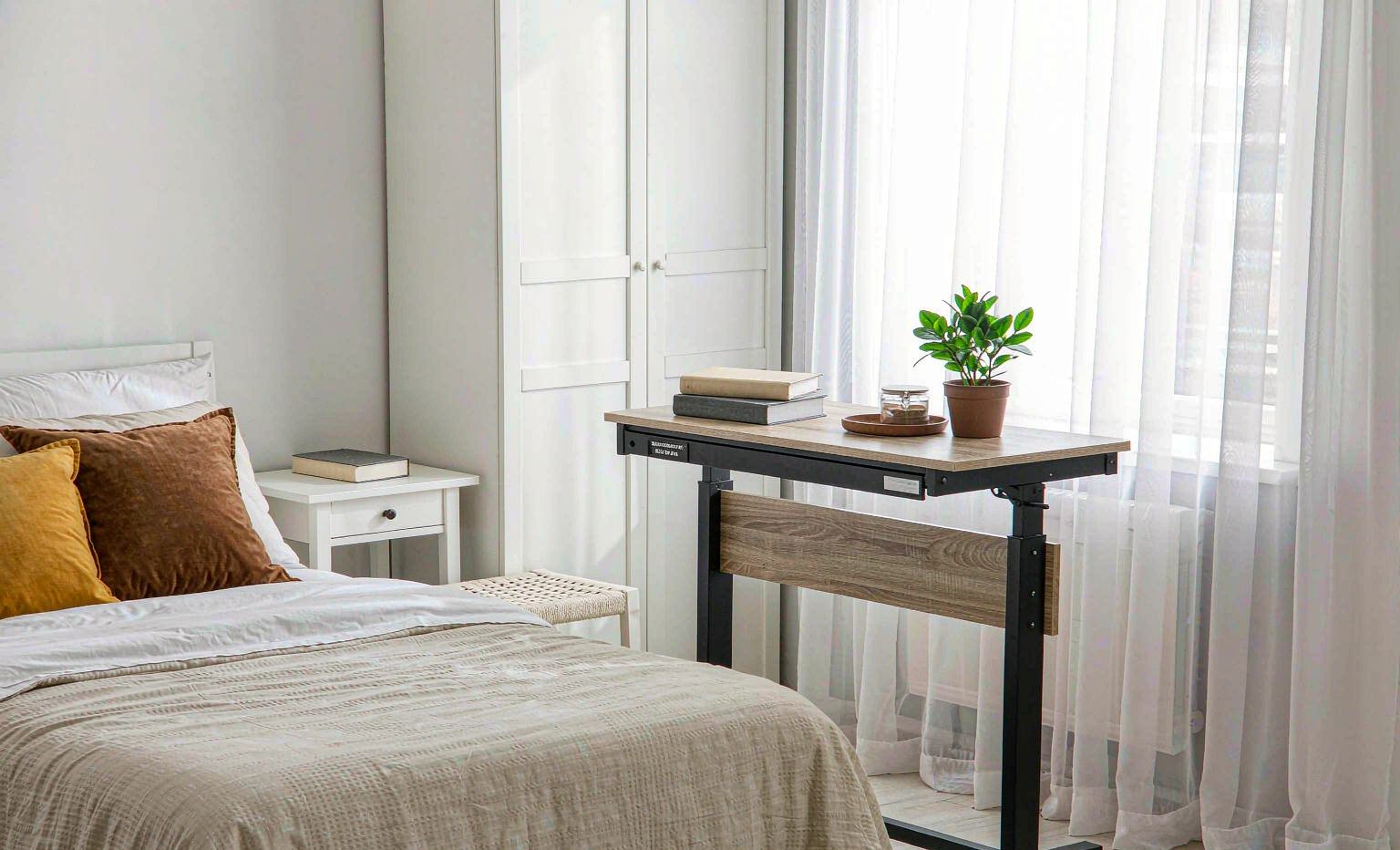 Mobile overbed table in a modern bedroom
