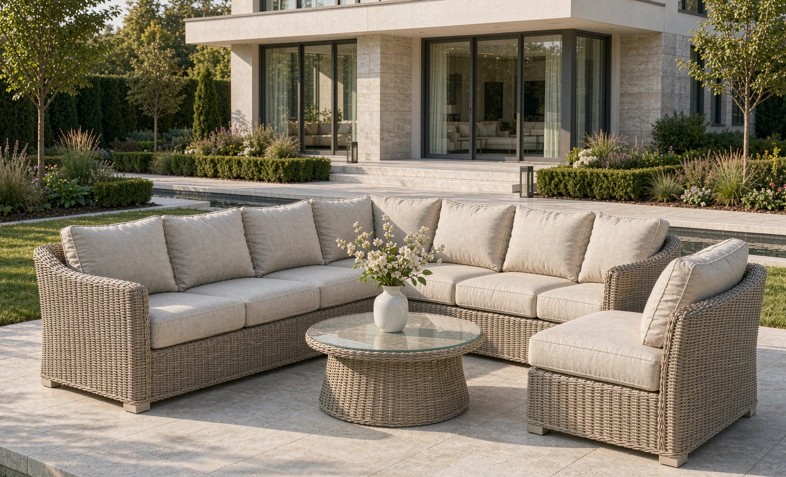 PE rattan outdoor sofa set on a stone terrace