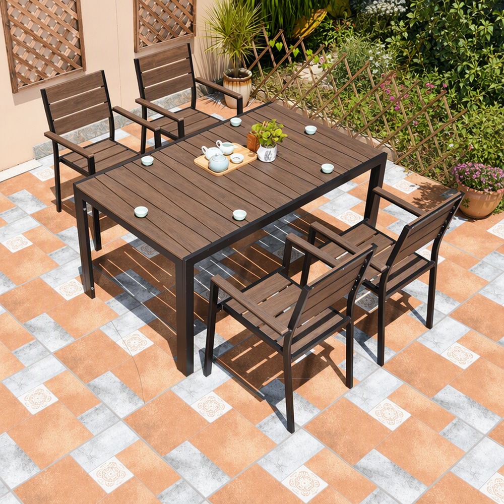 Outdoor Dining Set with 150 cm Rectangular Table and 4 Stackable Armchairs (5-Piece)