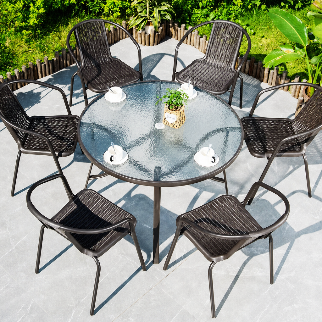 Outdoor Patio Dining Set with Umbrella — 80 cm Glass Table and Rattan Chairs
