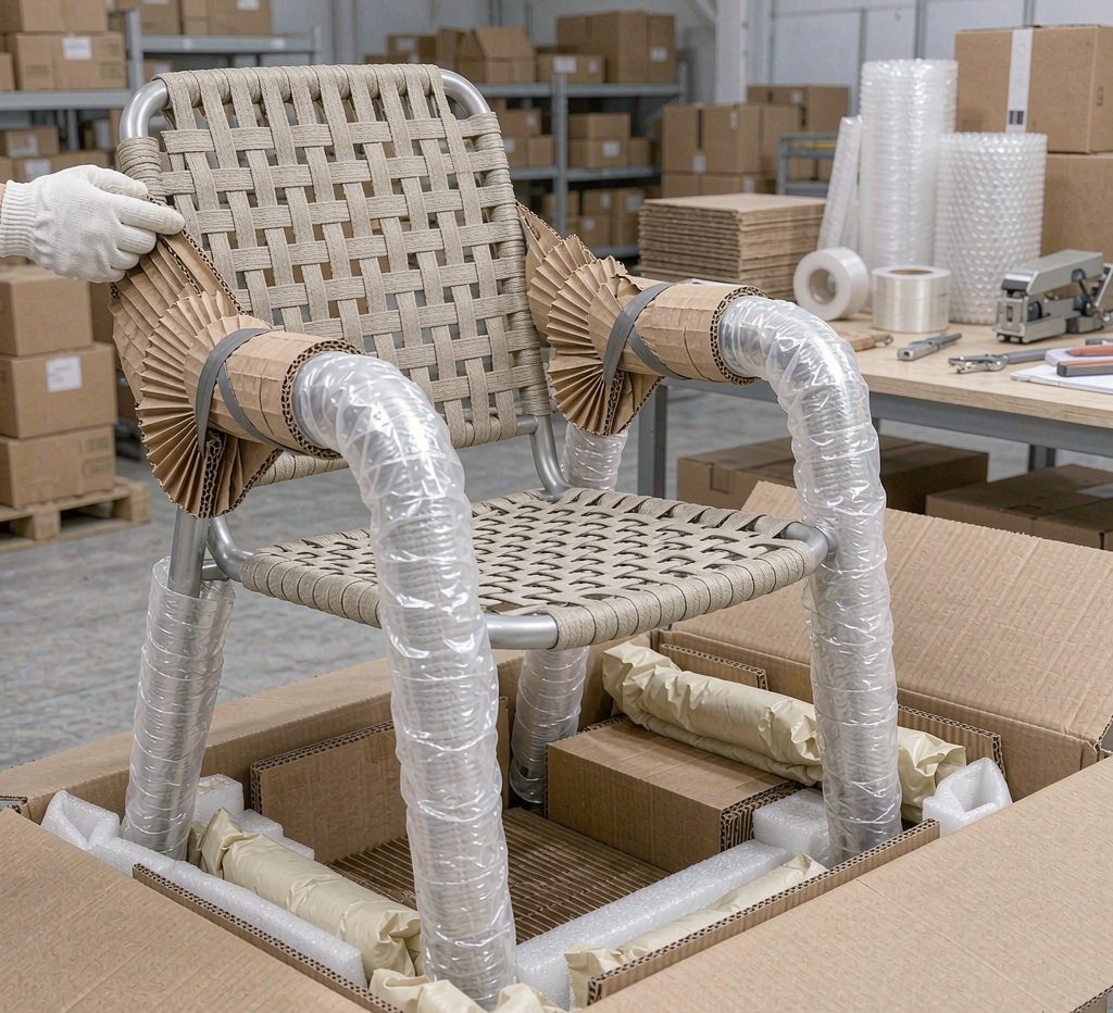 Chair packed in protective export packaging