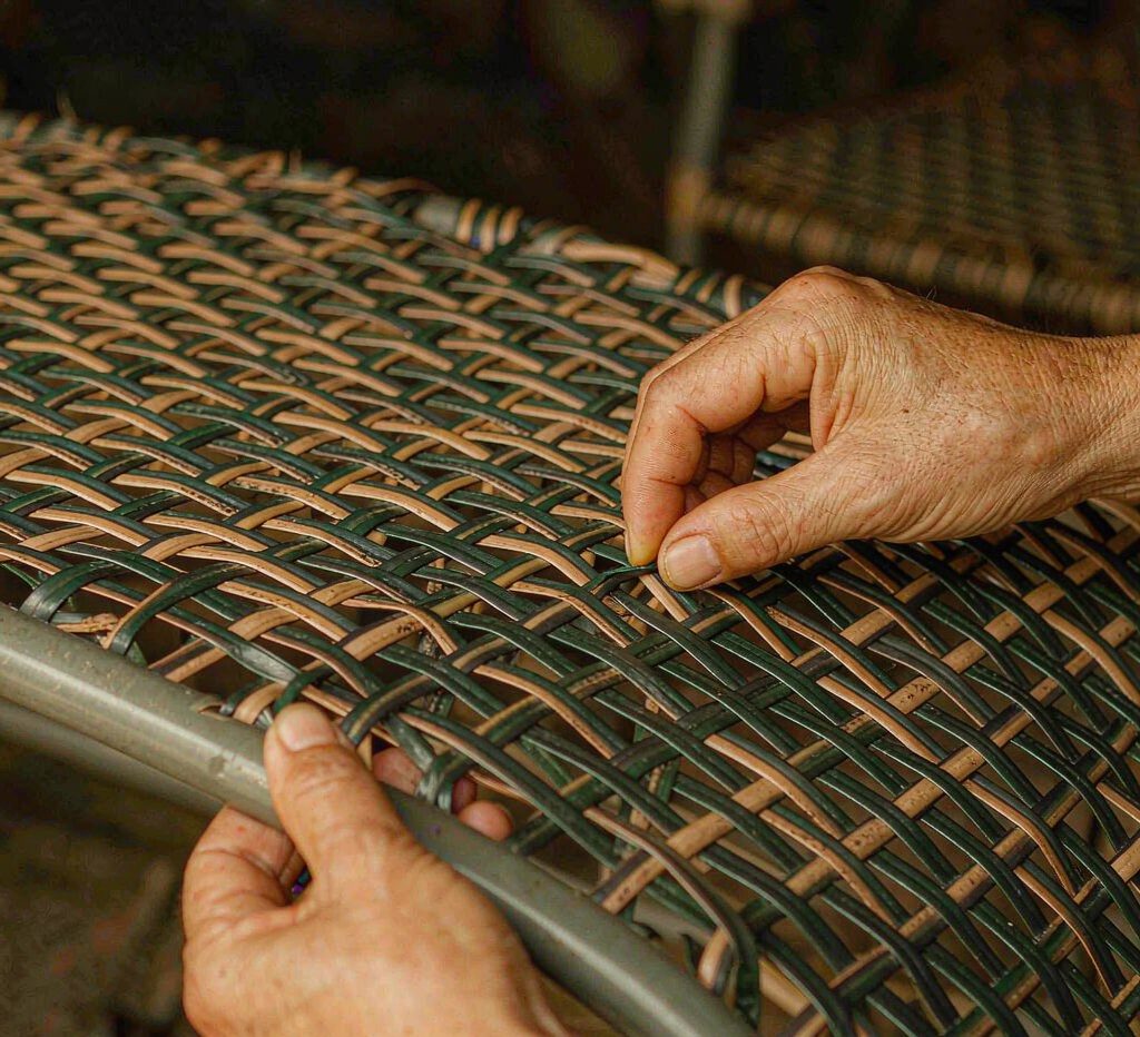 Hand-weaving PE rattan onto a frame